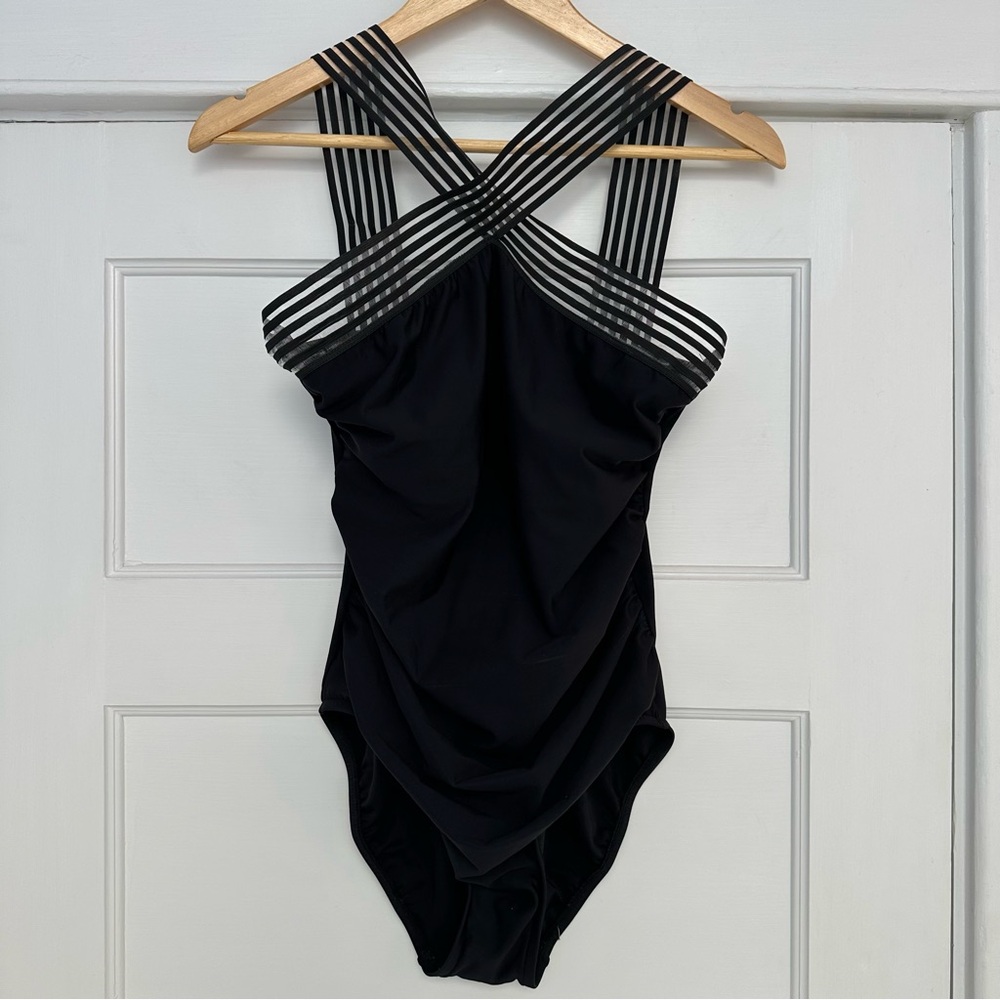 Aqua Green High Neck One-Piece Swimsuit with striped trim - full coverage bottom